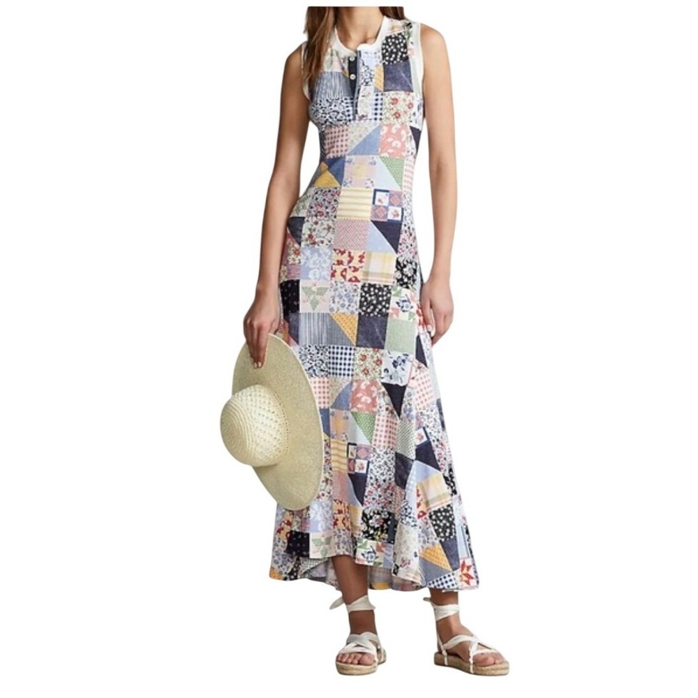 Polo Ralph Lauren Patchwork Quilt Print Waffle Knit‎ Maxi Dress Blue L RARE New